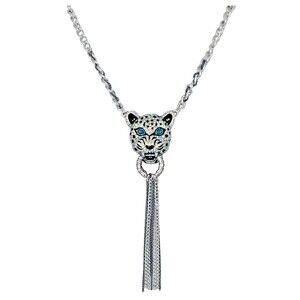 Betsey Johnson Crystal Snow Leopard Door Knocker Necklace 19" WHITEOUT